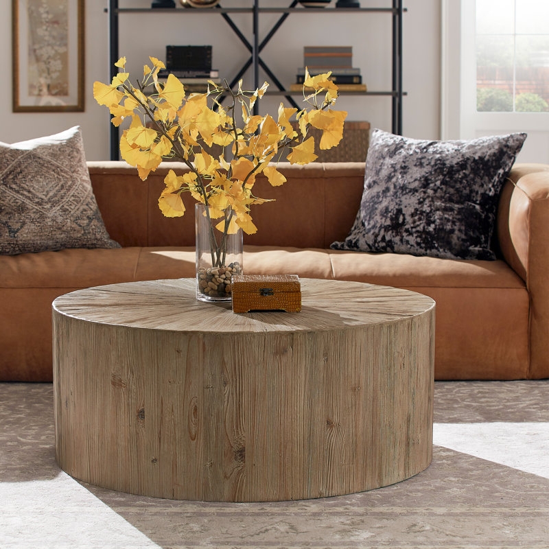 Round Solid Wood Block Coffee Table with Rustic Charm