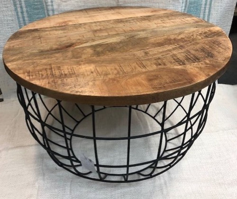 Round Wooden Top Coffee Table with Metal Basket Base