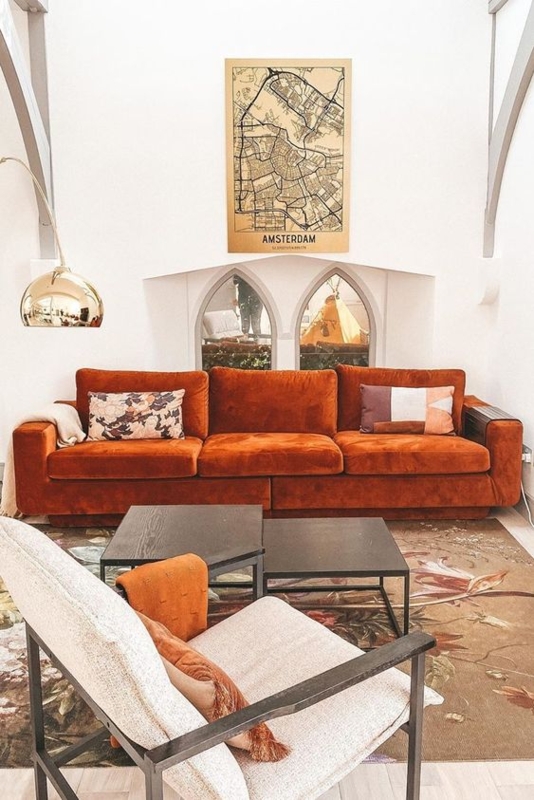 Rust Colored Sofa and Loveseat in Modern Living Room