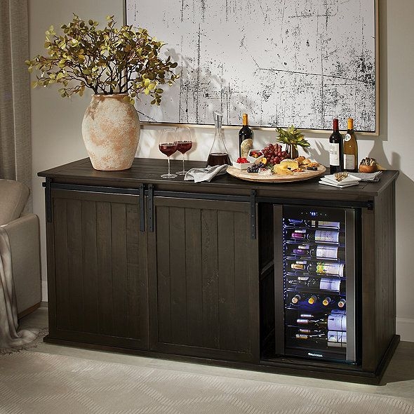 Rustic Black Sliding Barn Door Credenza with Wine Cooler
