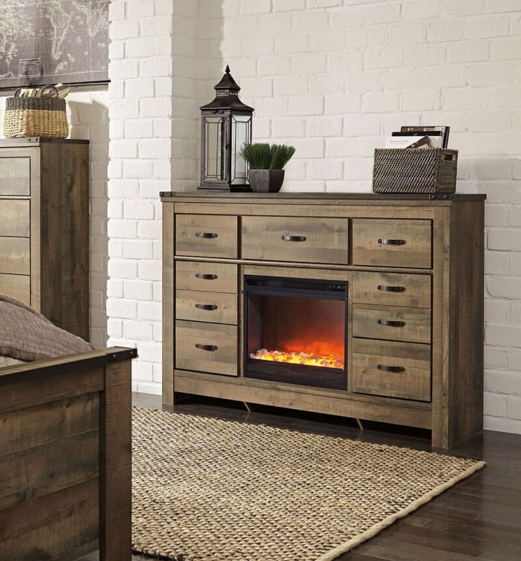 Rustic Brown Dresser with Built-In Electric Fireplace