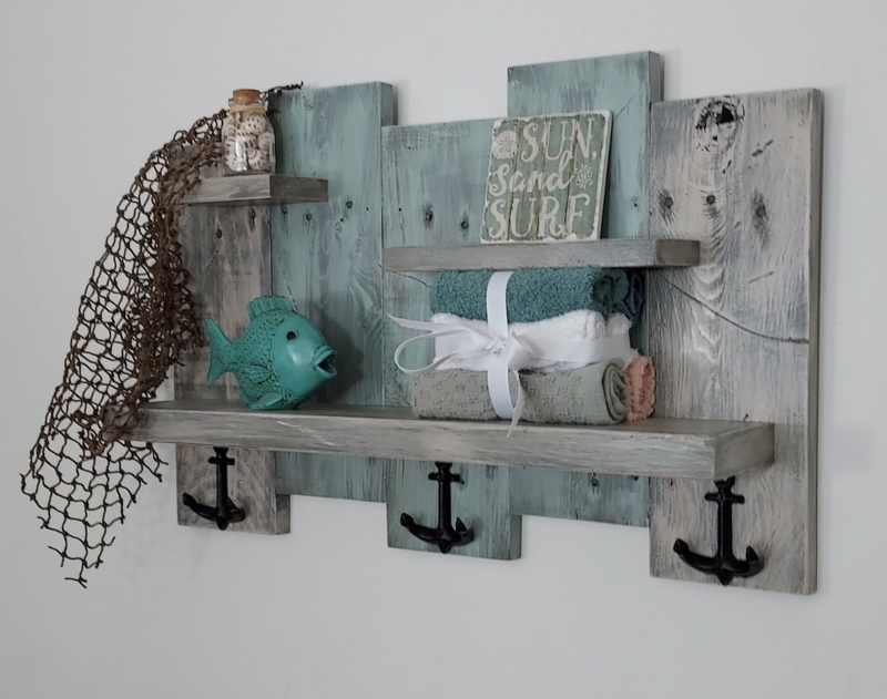 Rustic Coastal Nautical Hanging Shelf with Hooks