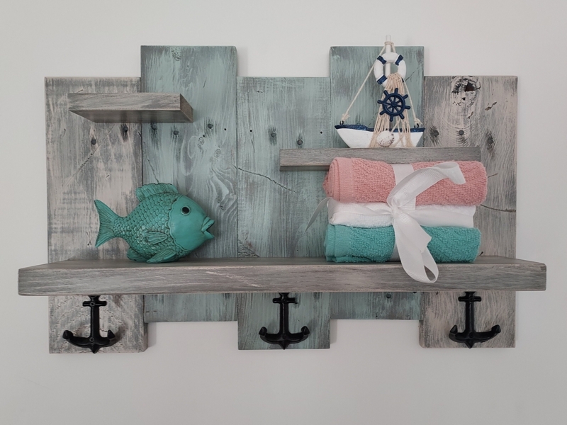 Rustic Coastal Nautical Hanging Shelf with Hooks