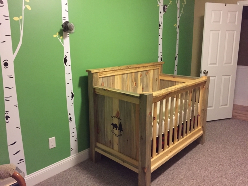 Rustic Convertible Baby Crib with Forest Wall Art