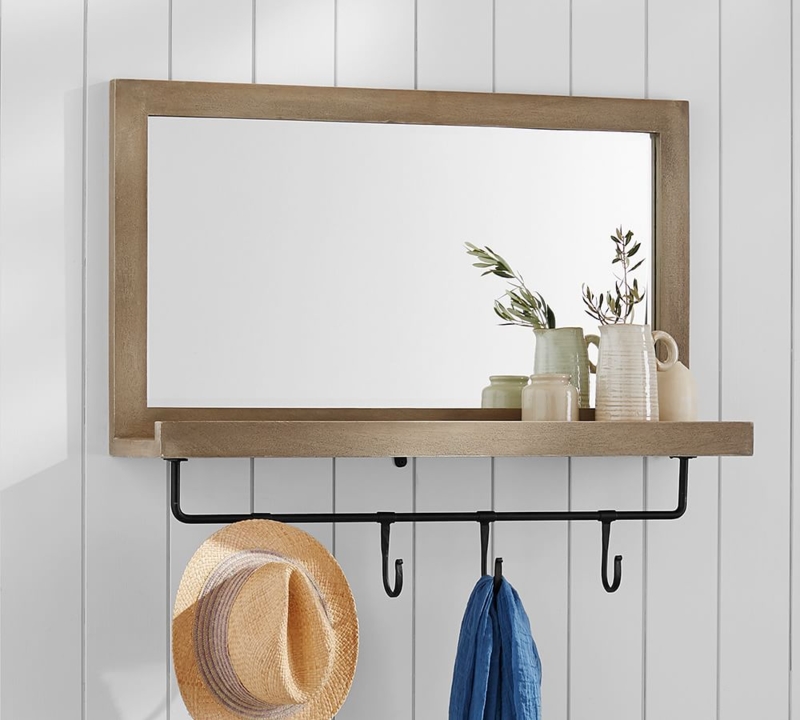 Rustic Entryway Mirror with Hooks and Shelf