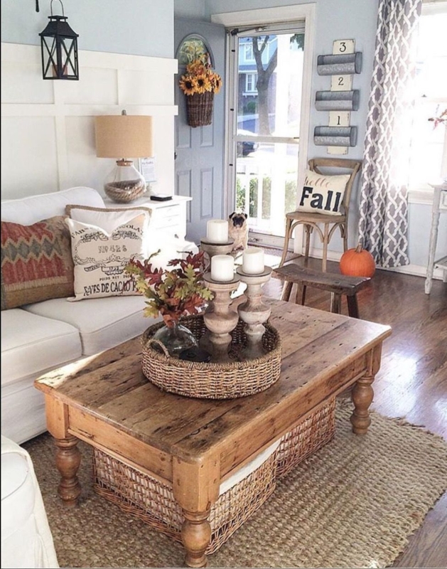 Rustic Farmhouse Coffee Table with Woven Baskets