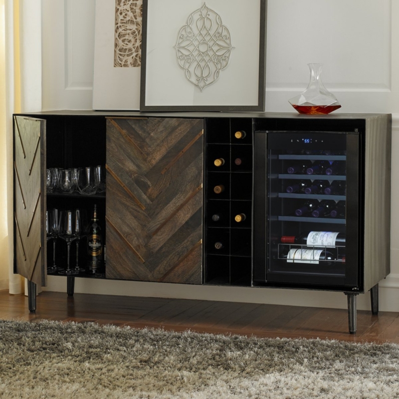 Rustic Herringbone Wine Credenza with Fridge