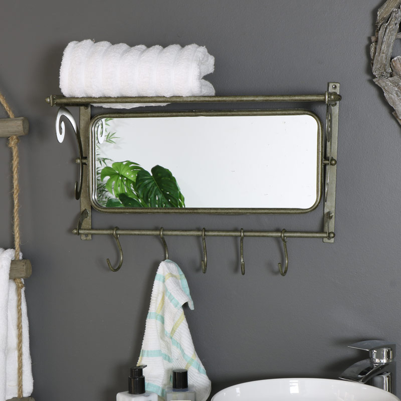 Rustic Metal Wall Mirror with Hooks and Shelf