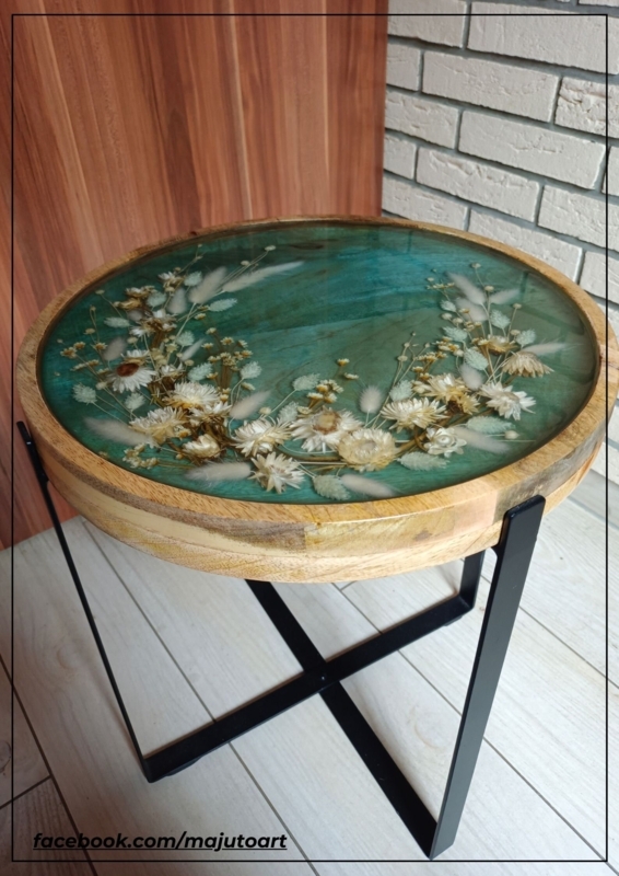Rustic Round Wooden Coffee Table with Resin Floral Inlay