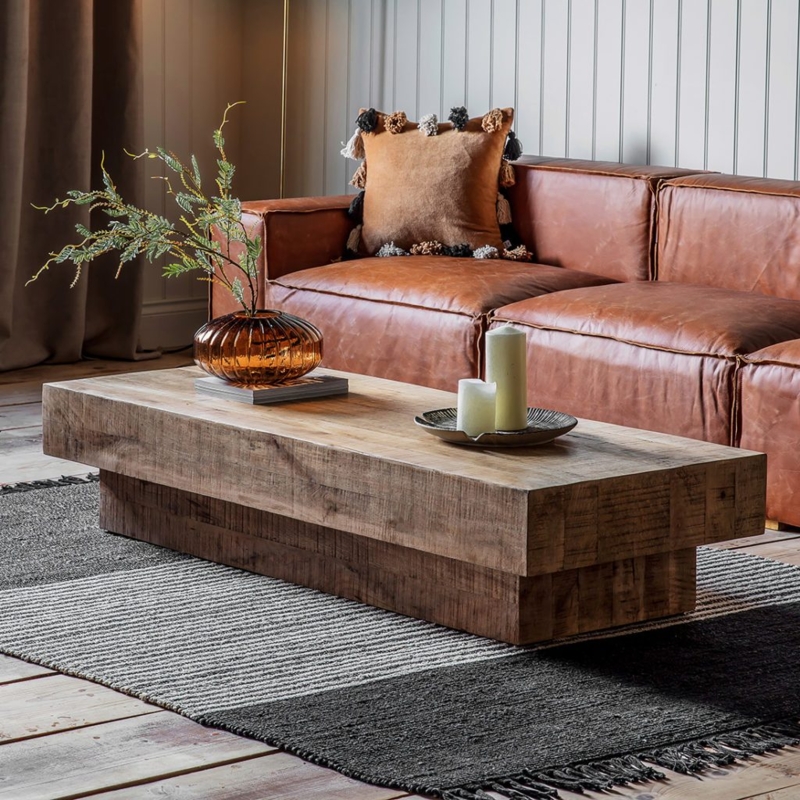 Rustic Solid Wood Coffee Table in Cozy Living Room