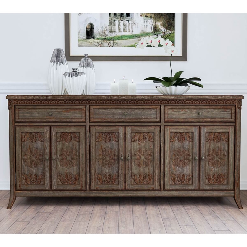 Rustic Teak Wood Sideboard with Intricate Carvings