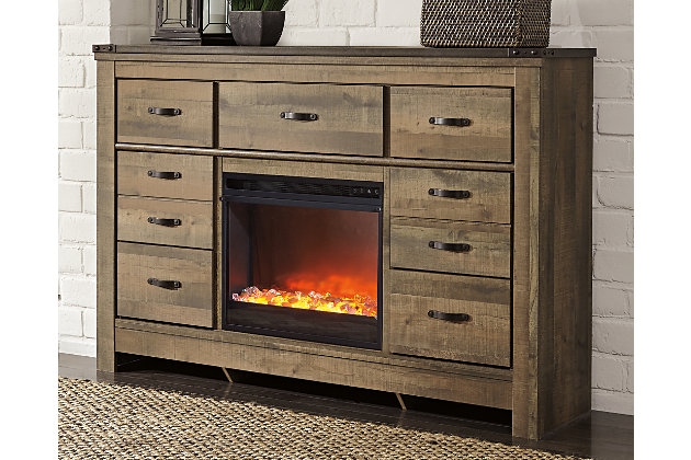 Rustic Trinell Dresser with Built-In Electric Fireplace