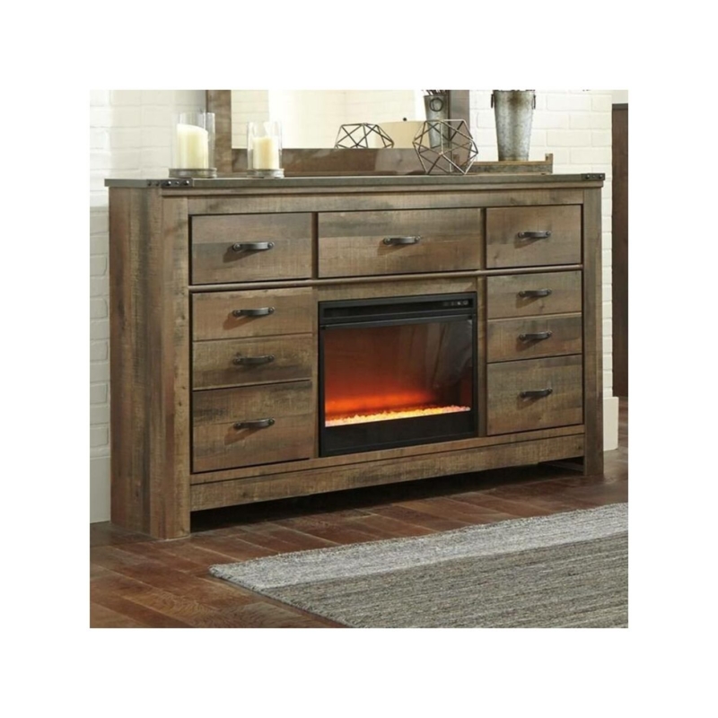 Rustic Trinell Dresser with Built-in Electric Fireplace