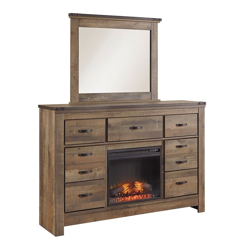 Rustic Trinell Dresser with Built-in Electric Fireplace