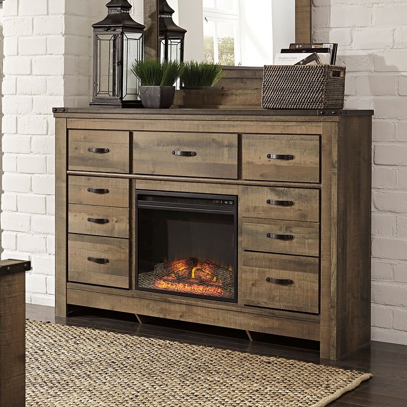 Rustic Trinell Dresser with Electric Fireplace