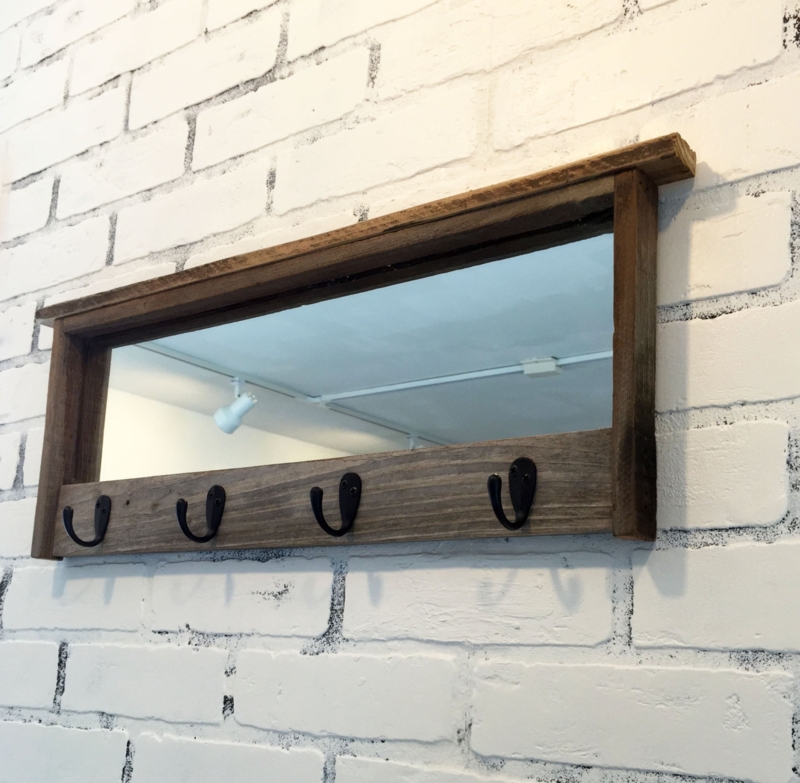 Rustic Wall Mirror with Hooks for Entryway