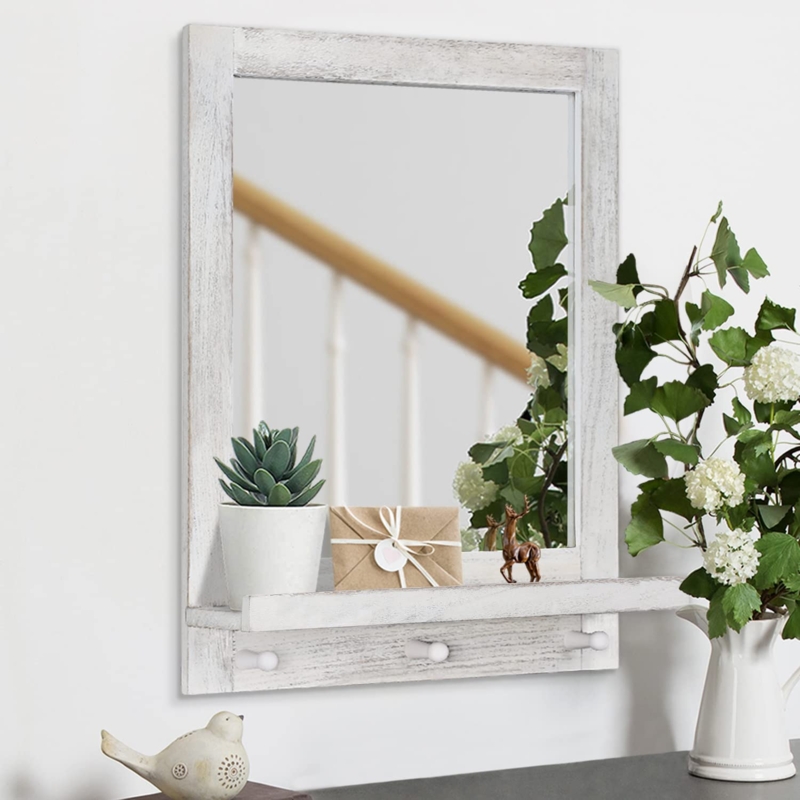 Rustic Wood Bathroom Mirror with Shelf and Hooks