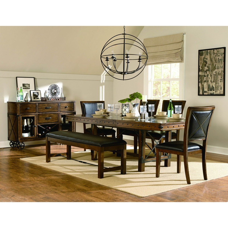 Rustic Wood Extendable Dining Table with Leather Seating