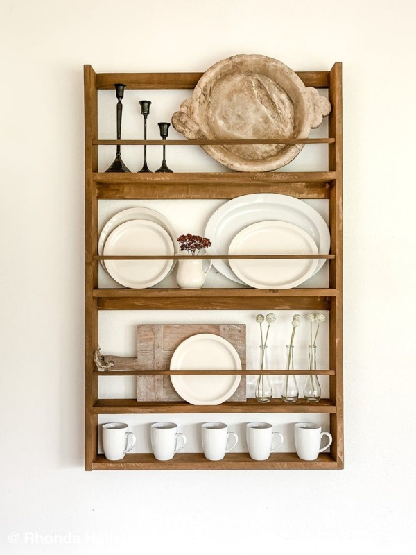 Rustic Wood Plate Rack Shelf with Farmhouse Charm