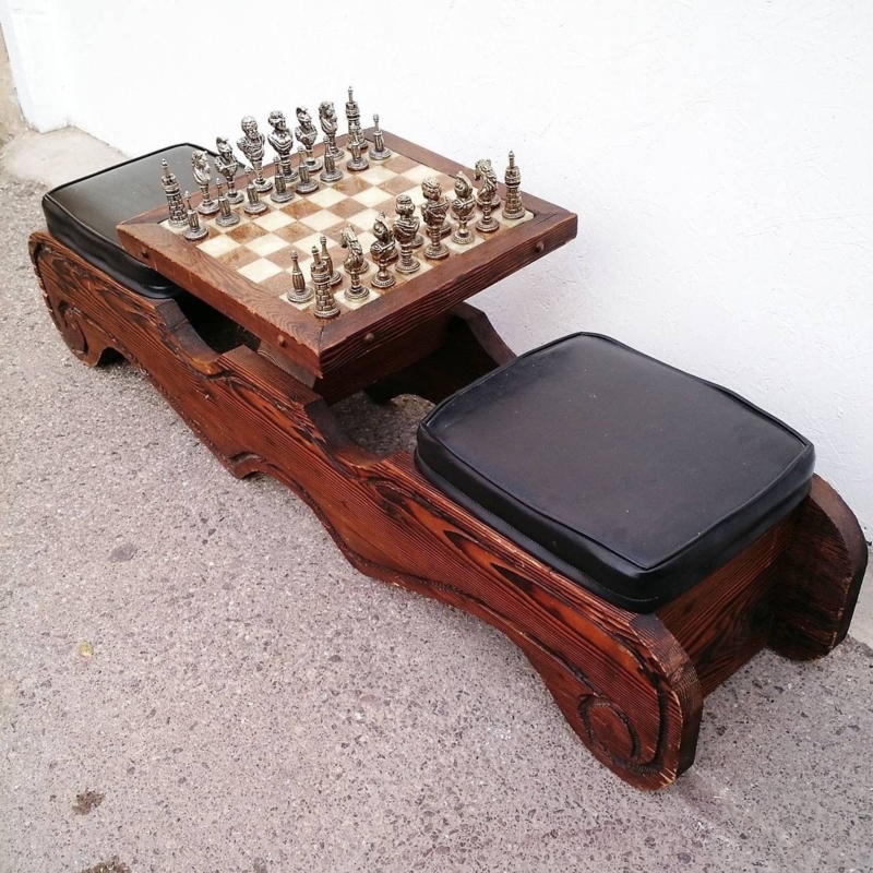 Rustic Wooden Chess Table with Cushioned Seating