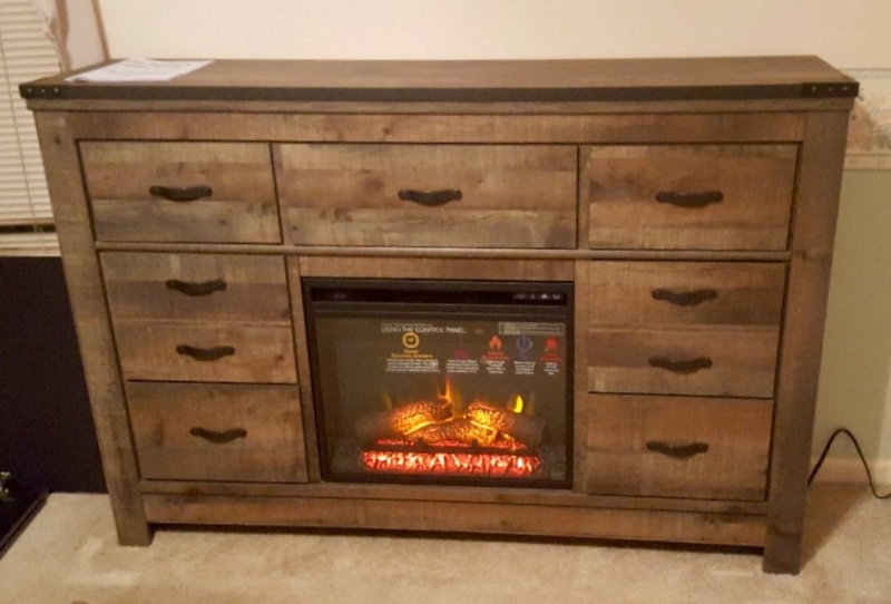 Rustic Wooden Dresser with Built-in Electric Fireplace