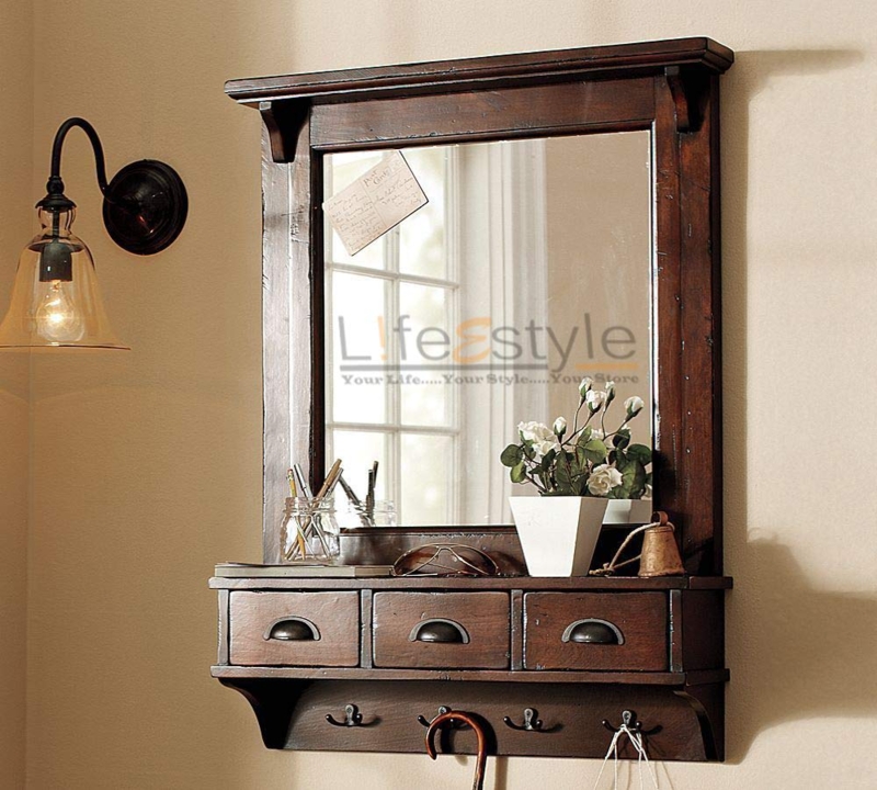 Rustic Wooden Dressing Mirror with Storage Drawers