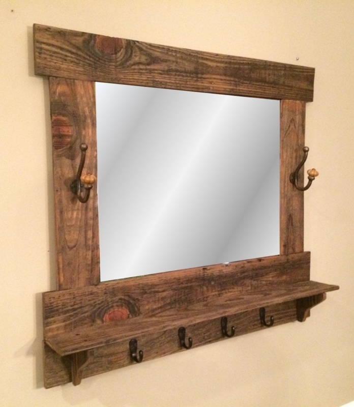 Rustic Wooden Mirror with Shelf and Hooks