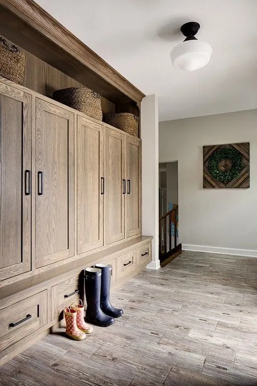 Rustic Wooden Mudroom Lockers with Storage Baskets