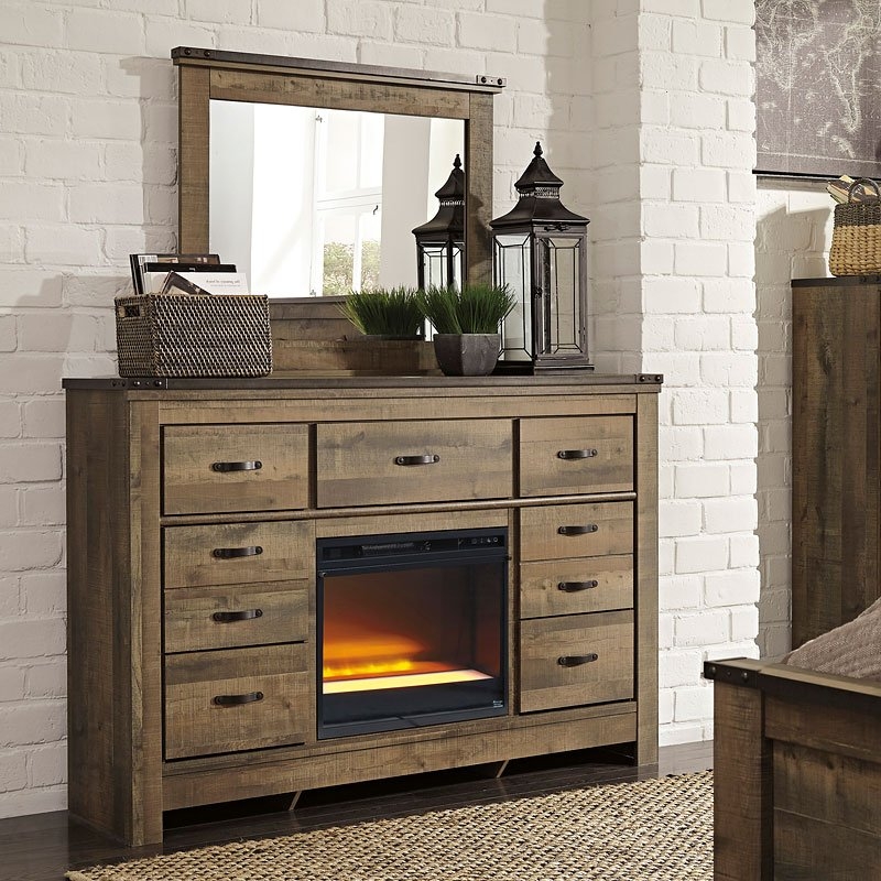 Rustic Wooden Trinell Dresser with Electric Fireplace