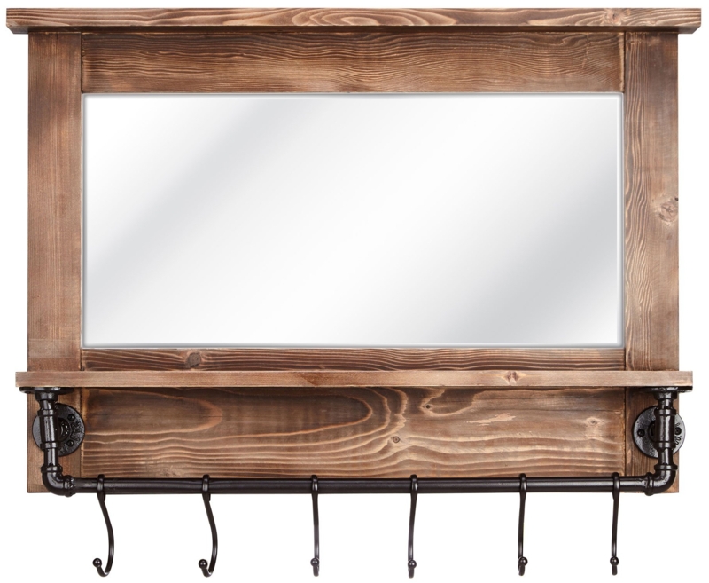 Rustic Wooden Wall Mirror with Hooks and Shelf