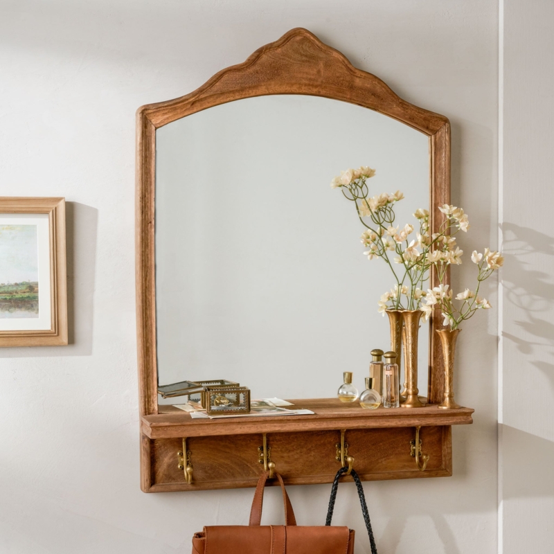 Rustic Wooden Wall Mirror with Hooks and Shelf