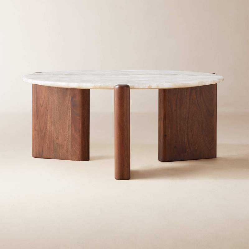 Santoro Round White Quartz and Walnut Coffee Table