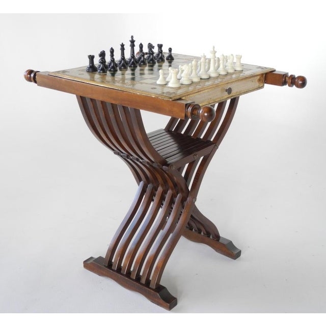 Savonarola Chairs & Slatted Folding Table With Chess Board - Set of 3 ...
