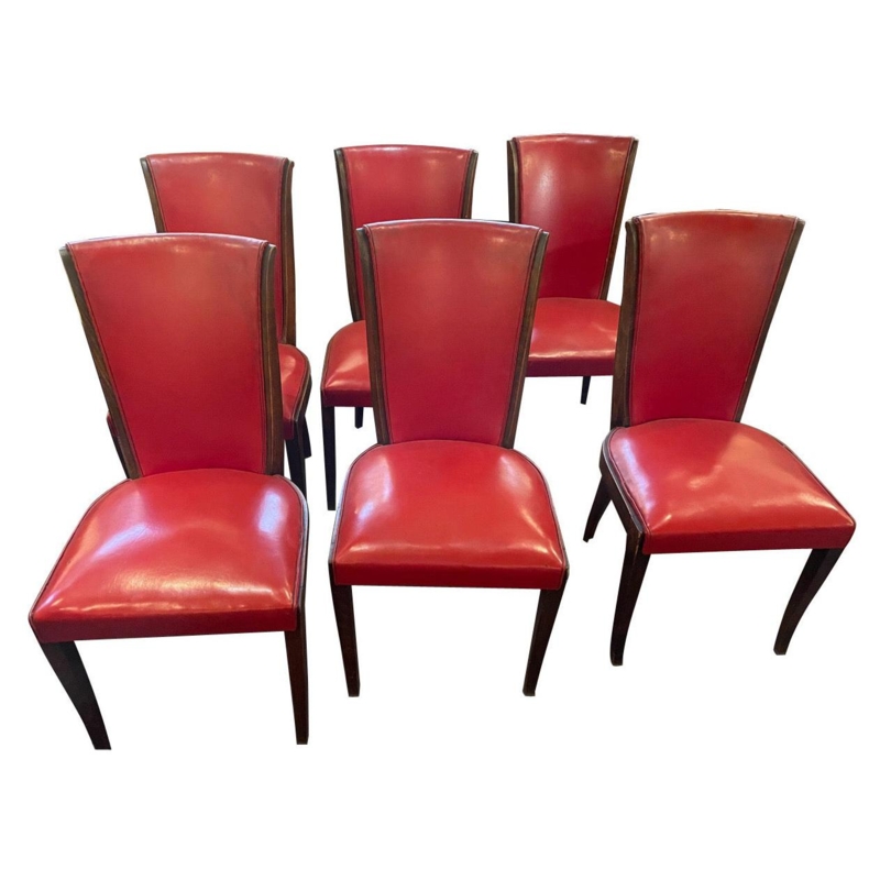 Set of 6 French Art Deco Dark Walnut Dining Chairs