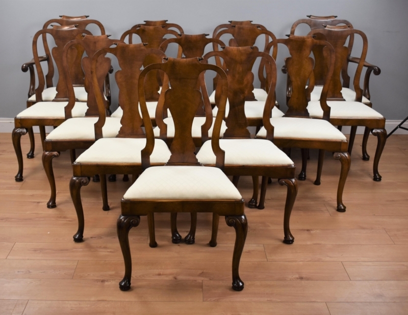 Set of Fourteen Walnut Queen Anne Dining Chairs