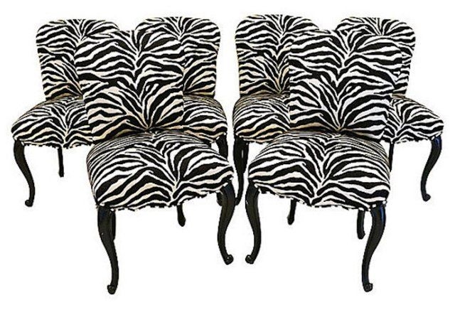 Set of Six Zebra Print Dining Chairs with Black Legs