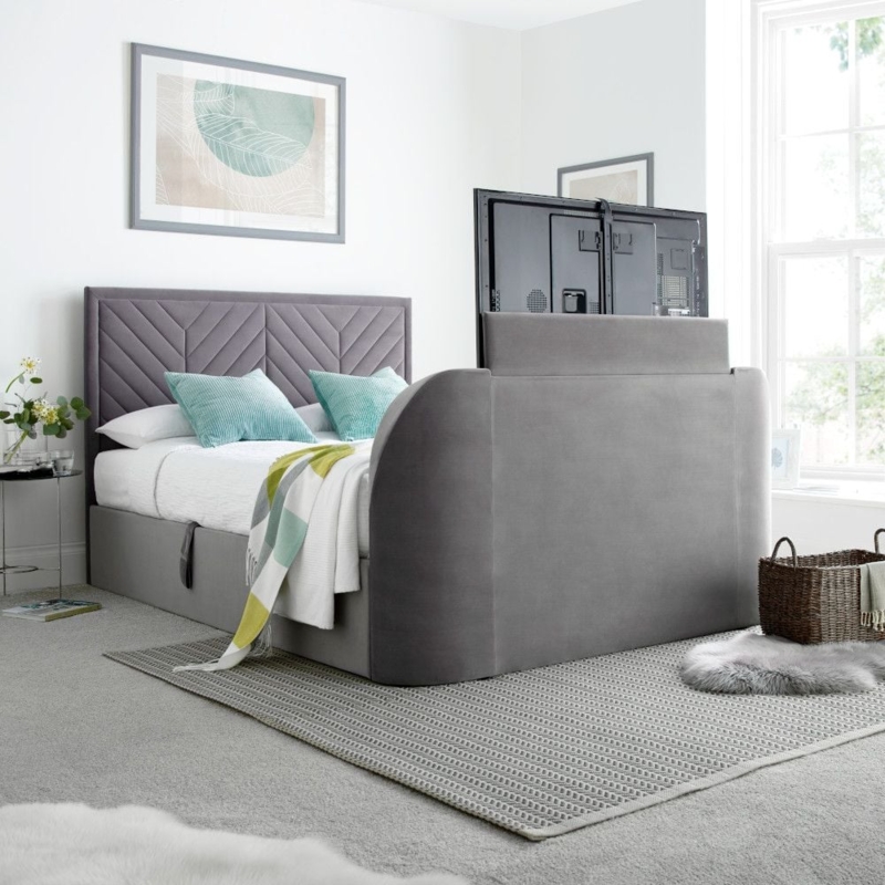 Sherlock Light Grey Velvet Ottoman Electric Media TV Bed Frame - 6ft ...