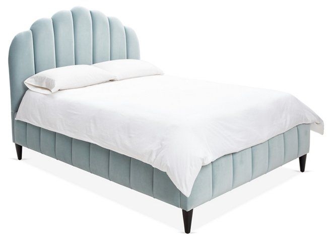 Sky Blue Velvet Sutton Scalloped Bed Frame