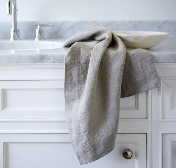 Soft Gray Linen Towels in Elegant Powder Room