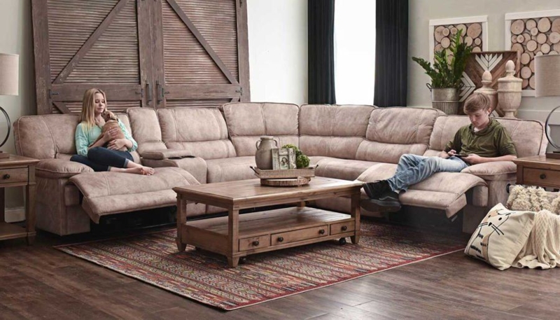 Spacious Beige Sectional Reclining Sofa with Wooden Accents