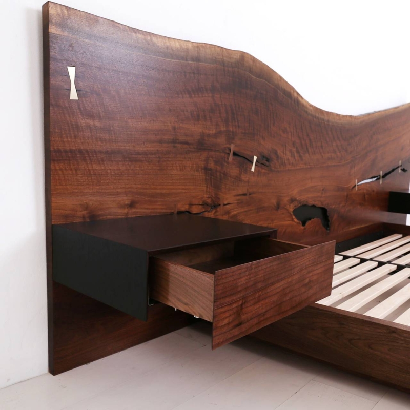 St. Pierre Walnut Slab King Bed with Floating Drawer