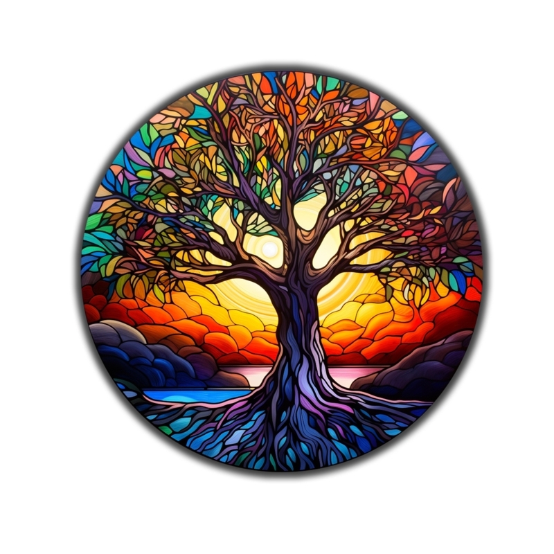 Stained Tree of Life Tempered Glass Round Painting Art Work Stained ...