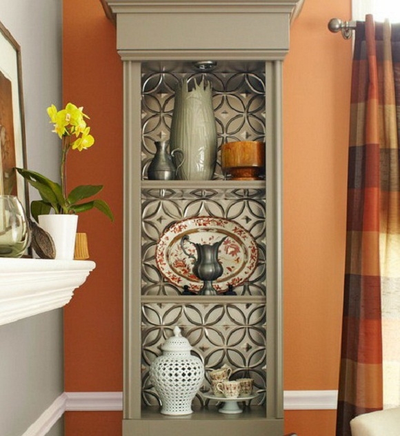 Stylish Cabinet Backdrop with Patterned Wallpaper