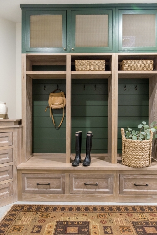 Stylish Green and Wood Mudroom Cabinets with Storage