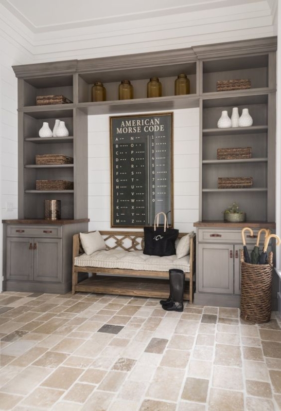 Stylish Small Mudroom with Built-In Storage Shelves