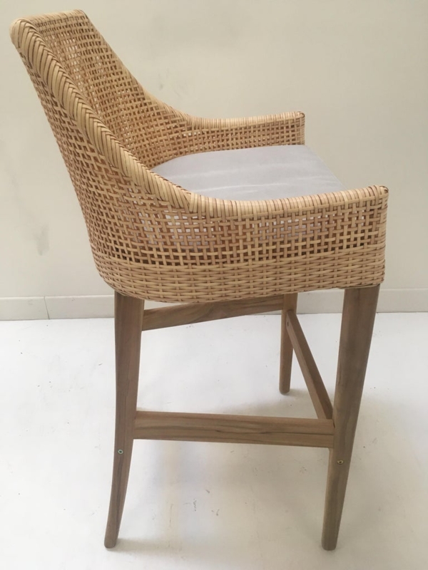 Teak Wood and Braided Resin Rattan Outdoor Bar Stool