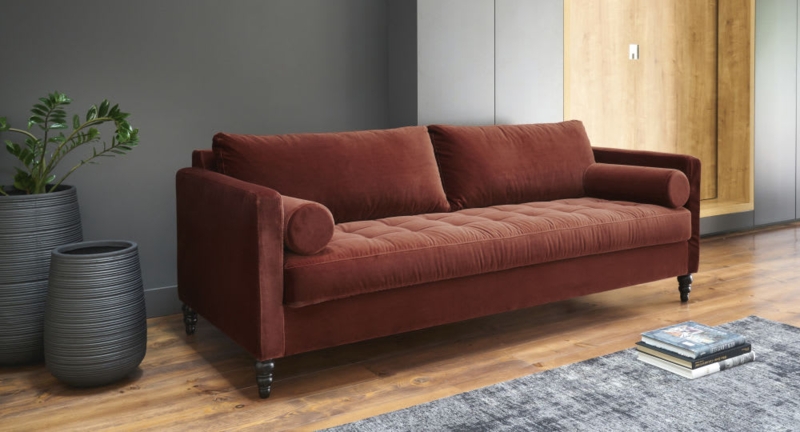 Terracotta Velvet 3-Seater Sofa with Bolster Pillows