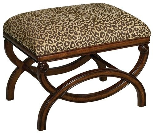 Traditional Leopard Print Upholstered Wooden Ottoman