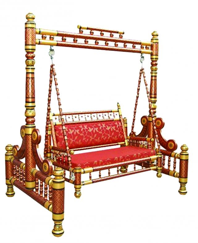 Traditional Sankheda Wooden Jhula Swing with Red Cushions