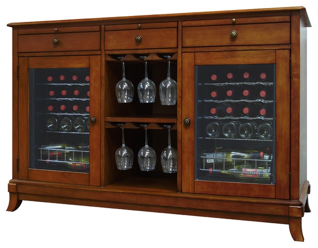 Traditional Wooden 36-Bottle Wine Credenza with Glass Storage
